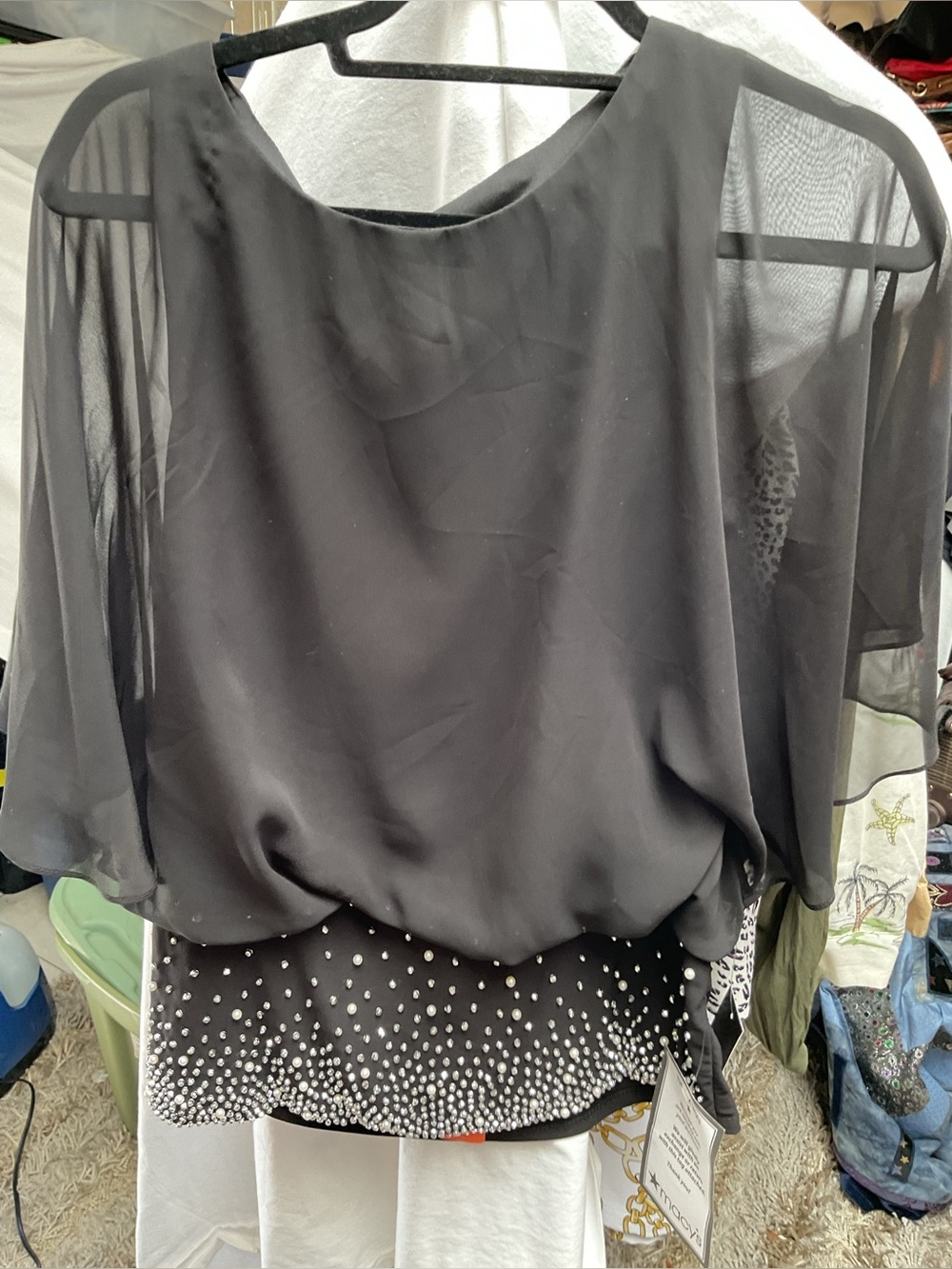 MSK MACYS Black Sheer Overlay Women's Top with Embellished Hem